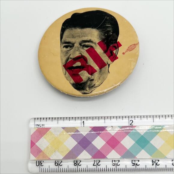 Vintage Political Button Pin Anti Ronald Reagan RIF Reduction In Force Overstamp - Picture 4 of 4